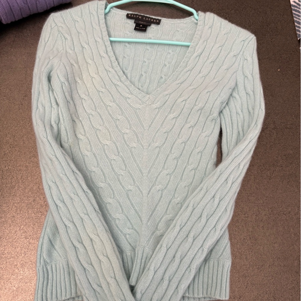 Ralph Lauren Soft Blue V-Neck Cable Sweater
